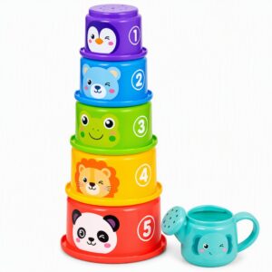 Stacking Cups Bath Toy Set 5 Pcs – Toddler Stack & Pour Cups with Animal Faces